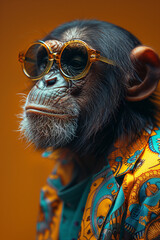 The Profile of A Monkey Wearing Sunglasses and A Brightly Colored T-shirt Against A Solid-Colored Background