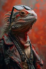 The Profile of A Lizard Dressed in Grunge Attire and Sporting Sunglasses Against A Solid-Colored Background
