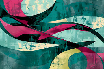 Fototapeta premium Modern abstract art with soft geometric shapes and flowing lines in a vibrant mix of jade green and magenta