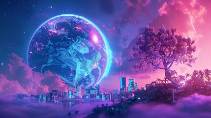 Neon style of the Earth Day celebration illuminates nature s beauty with cyberpunk 80s color, crafting a banner sharpen with copy space