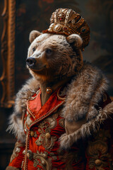 The Profile of A Bear Dressed in Extravagant, Overly Ornate Attire Against A Single-Color Background