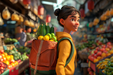 3D image of a food delivery professional standing in a busy market with a backpack filled with fresh food, advertising for a delivery service