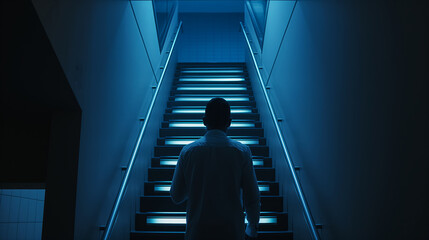 In this cinematic scene, a food delivery specialist climbs a dimly lit staircase, guided only by the light of his smartphone.