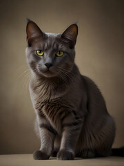 gray cat with yellow eyes is sitting