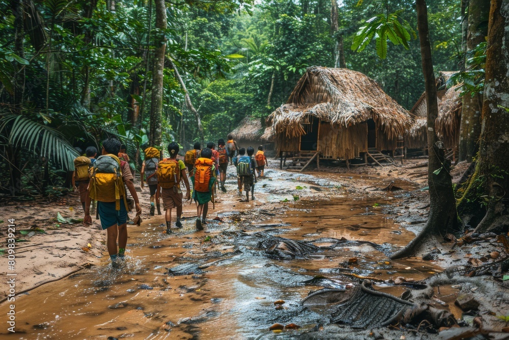 Poster a group of explorers trekking through a muddy path with a thatched hut in sight against the backdrop