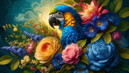 Fototapeta premium Image of a Blue-and-yellow Macaw in a mystical garden
