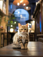 cat sits on a table in a restaurant