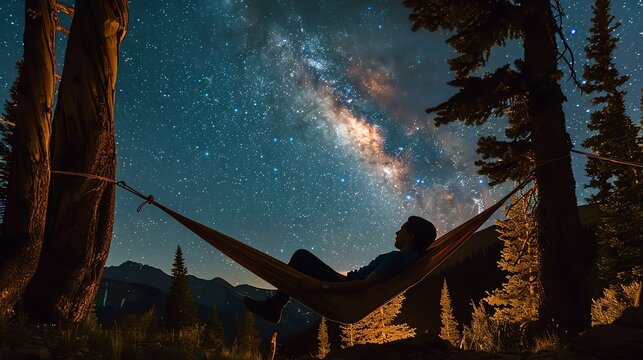 The image is a beautiful landscape of a man lying in a hammock under a starry night sky.