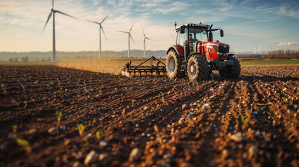 Tractor cultivating soil in a field with wind turbines in the background