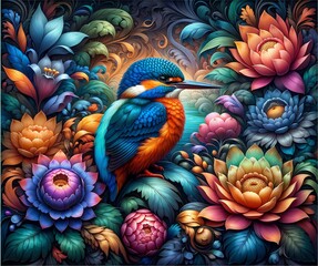  Image of a Kingfisher Bird in a mystical garden