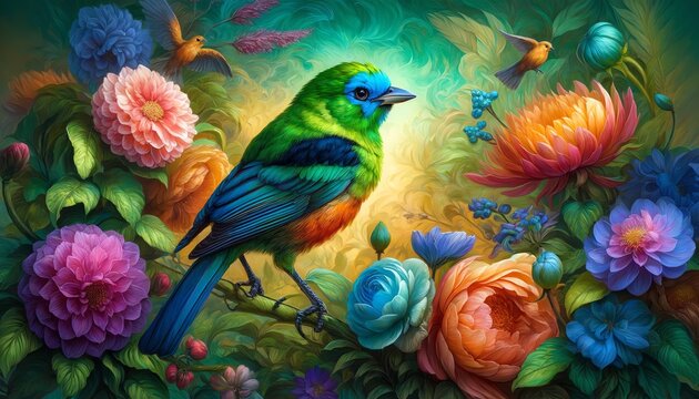 Image of a Green-headed tanager in a mystical garden
