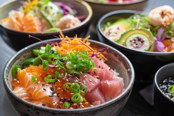 Taste the exotic flavors of a Poke Bowl, enhanced by a GMO food concept, presenting a modern twist on traditional dishes in a stylish and thoughtprovoking manner