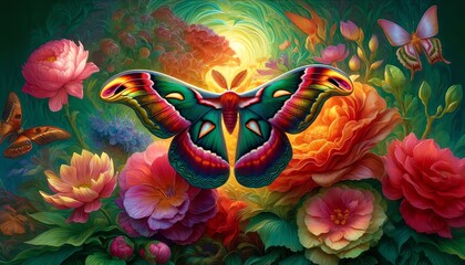 Fototapeta premium Image of a Madagascan sunset moth in a mystical garden