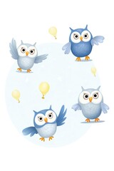 Obraz premium A group of owls running a night school for other nocturnal animals, teaching moonlight mathematics, isolated white background, cartoon drawing, water color style.