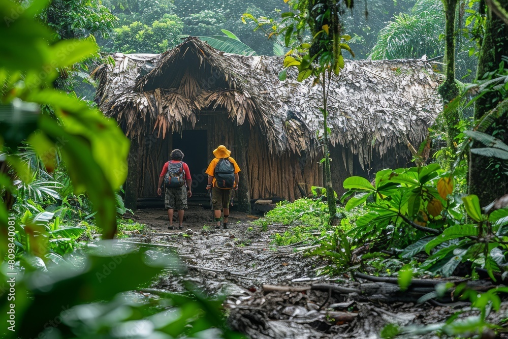 Poster two hikers with backpacks approach a rustic hut in a dense jungle setting, representing adventure an