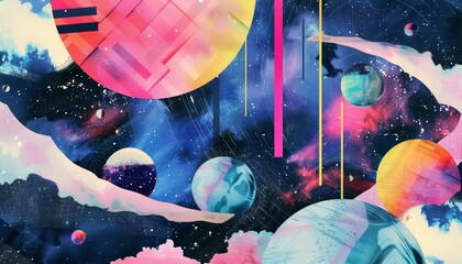 Trendy art paper collage design of a cosmic exploration scene, featuring cyber color details and an illustration template