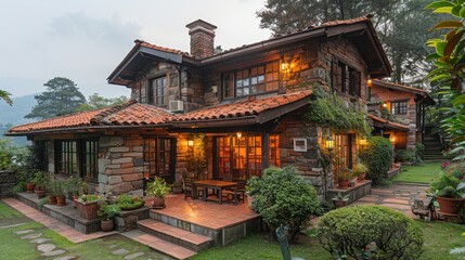 mountain, country style house, full image of farmhouse house, front angle of the village, stone...