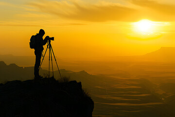 Silhouette of a photographer at golden hour, standing on a hill with a tripod, capturing the sunset over a scenic valley, emphasizing passion and creativity  - Powered by Adobe