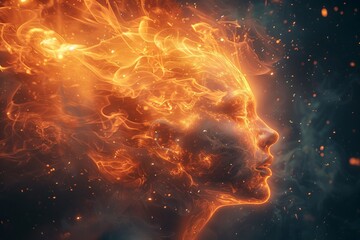 Obraz premium A striking digital portrait of a woman comprised entirely of fire-like particles, suggesting powerful emotions and transformation