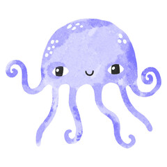 Funny blue jellyfish. Underwater sea life Simple drawing in Scandinavian style. Hand drawn medusa illustration on isolated background