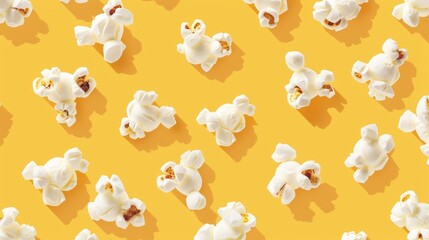 Top view of pattern of popcorn on a yellow background. Entertainment concept. Movie night with popcorn. Cinema theme.