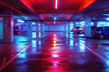 Obraz premium Neon multi-level underground parking in a shopping center. Modern nightlife