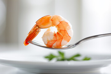 tasty and healthy shrimp on a fork, shrimps, crabs, prawns, delicious, close up