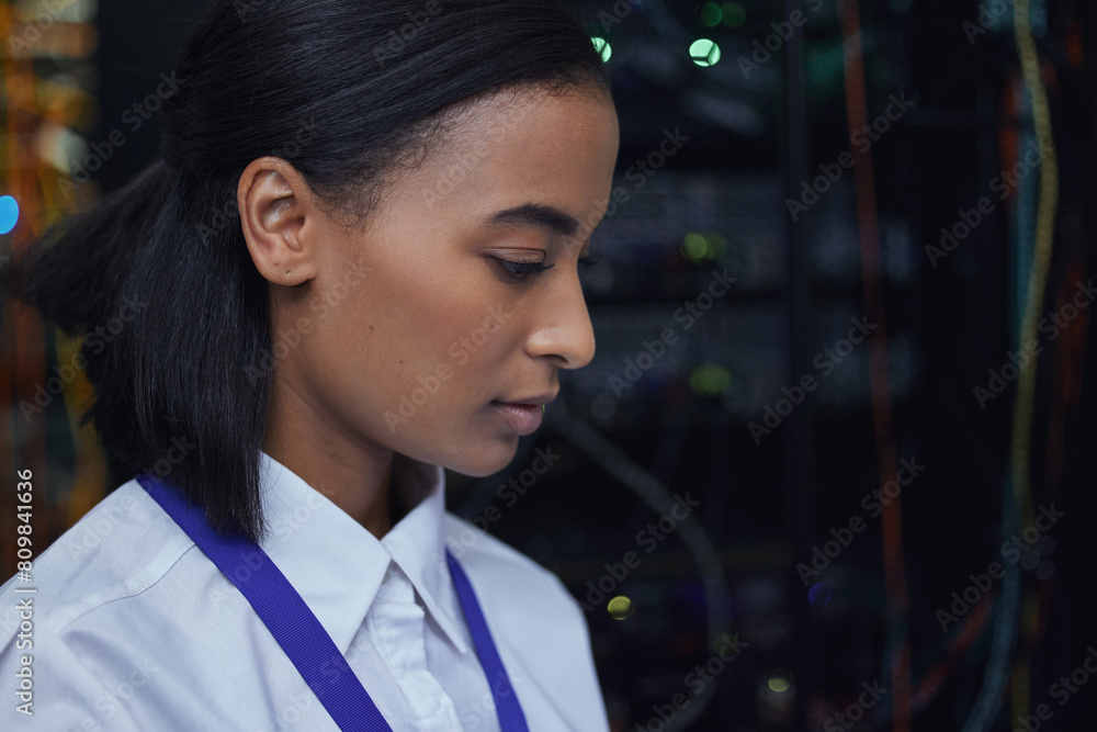 Poster Database administration, IT support and woman in server room for maintenance of mainframe or network. Face, infrastructure and security with developer, engineer or technician running diagnostics