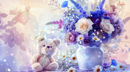 flowers in a vase  with teddy bear