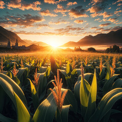 A lush green field of corn or maize plants in the foreground, with mountains in the background and a dramatic, colorful sunset. The sun is setting behind the mountains, casting a warm, golden glow ove