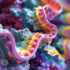A 3D render of a colorful coral reef with a pinkWan Yan Qu Zhe De Lu Jing running through it.