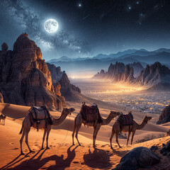 A group of camels walking through a desert landscape at night, with a full moon in the background. 
