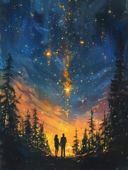 A romantic scene of a couple watching a meteor shower, each meteor a tiny flower puzzle