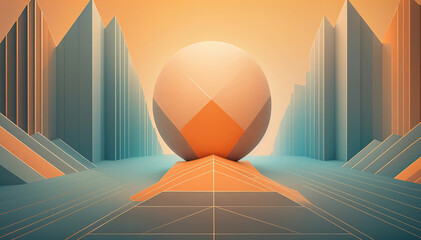 A large orange sphere floating above a geometric landscape with triangular shapes and tall buildings in the background against an orange sky