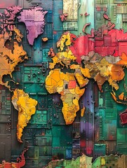 A vibrant painting of a world map, where each country is a piece of different technology