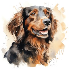 A watercolor painting of a brown and black dog.