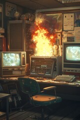 An 80s computer explodes in a room full of old electronics and furniture.