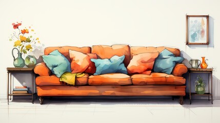 A watercolor painting of a living room with an orange couch, green pillows, and a vase of flowers on a table.
