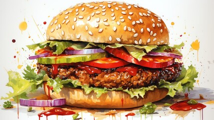 A watercolor painting of a delicious cheeseburger with all the fixings.