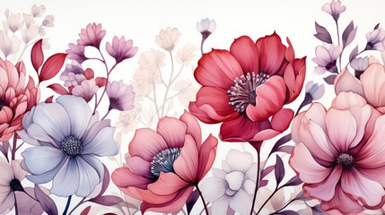 A watercolor painting of a variety of flowers, including red, pink, and purple flowers.