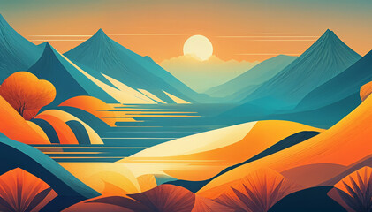 A desert landscape with orange sand dunes, a blue lake, and a single palm tree under a warm, hazy sky with a bright sun