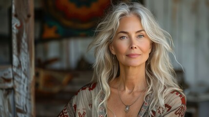 Fototapeta premium older woman Latin Mediterranean classical beauty, with long white loosely hair