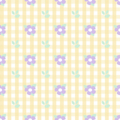 The vector pattern of fabric, wallpaper, gift wrapping paper is continuous and can be made to any size over and over. The cute style is a yellow plaid with cute purple flowers.