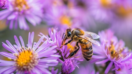 This image shows a bee on a purple flower. The bee is collecting pollen from the flower. The flower is in focus and the background is blurred.