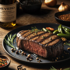 A medium-rare grilled steak on a dark plate, surrounded by various spices and herbs such as rosemary, peppercorns, 