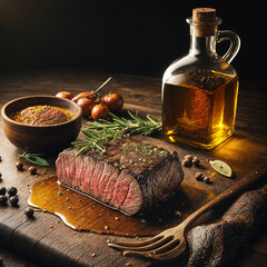 A medium-rare grilled steak on a wooden board, surrounded by herbs, spices, and a bottle of olive oil. The steak is sliced and ready to serve, showcasing its juicy interior.