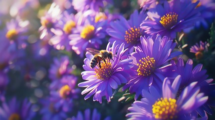 A bee pollinates a purple aster flower. The bee is covered in yellow pollen. The aster flower has a yellow center with purple petals. - Powered by Adobe