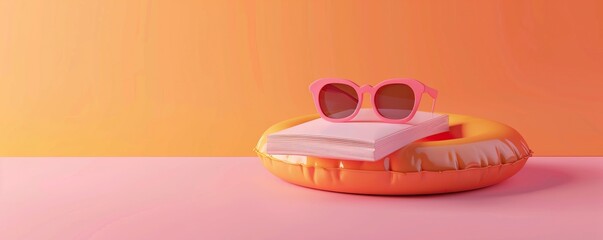 summer minimal concept with a book and sunglasses on a pink table against an orange wall, with a shadow in the foreground