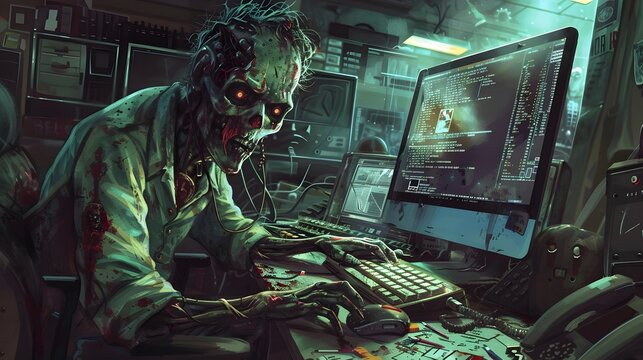 zombie IT technician fixing a computer his problem