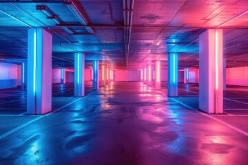 Neon multi-level underground parking in a shopping center. Modern nightlife